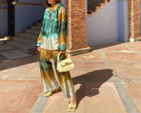 XEASY 2021 Nová letná dámska vintage dvojdielna súprava, batikovaná jednoradová košeľa s elastickým vysokým pásom, ležérne nohavice