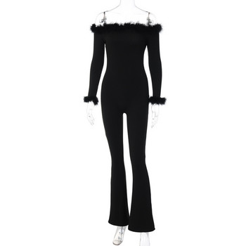 BKLD Νέα Γυναικεία Ρούχα 2022 Χειμερινές μασίφ μαύρες φόρμες Σέξι βελούδινο συνονθύλευμα μακρύ μανίκι από ώμους φόρμες One Pieces