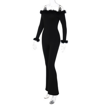 BKLD Νέα Γυναικεία Ρούχα 2022 Χειμερινές μασίφ μαύρες φόρμες Σέξι βελούδινο συνονθύλευμα μακρύ μανίκι από ώμους φόρμες One Pieces