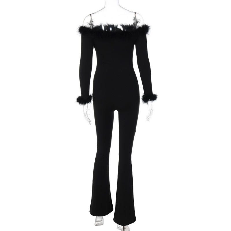 BKLD Nova ženska odjeća 2022. Zimski jednobojni crni kombinezoni Seksi plišani patchwork kombinezoni dugih rukava s otvorenim ramenima Jednodijelni