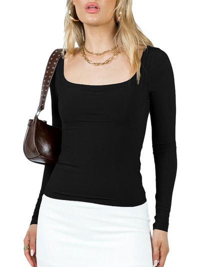 Ženske majice dugih rukava s četvrtastim izrezom, jednobojne, ulične ležerne majice kratkih rukava, jesen, proljeće, za žene 2023. Novo