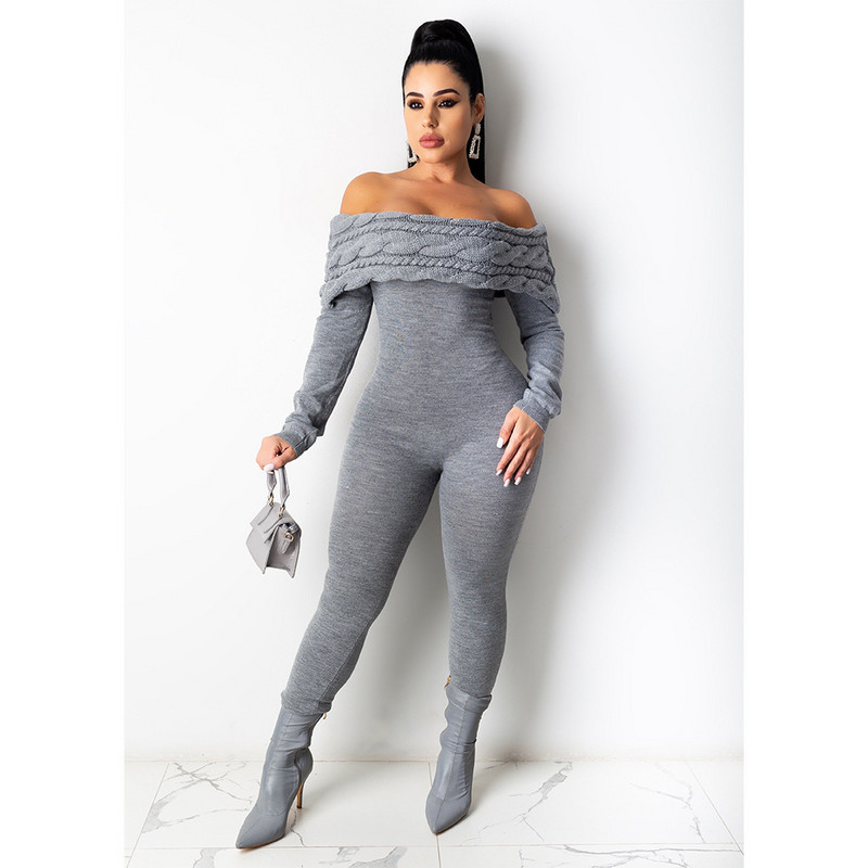 BKLD Ženska odjeća za pletenje, spuštena ramena, ukošeni izrez, kombinezon s dugim rukavima, jednodijelni seksi klupski kombinezon, jednodijelni