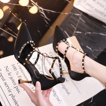 2022 Пролет лято нови черни обувки на висок ток с тънки нитове Дизайнерски рокли сандали дамски помпи женски фееричен стил