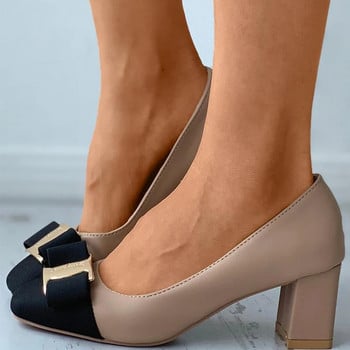 Μόδα 2023 Κλασικό φιόγκο με χοντρό τακούνι Μεταλλική διακόσμηση Lady Pumps Απλή τετράγωνη κεφαλή Δερμάτινα γυναικεία Μονά παπούτσια Γυναικεία παπούτσια