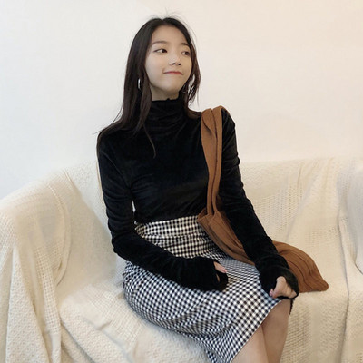 Turtleneck Velvet Tops Naiste pikkade varrukatega T-särgid Ühevärvilised 2020 Kevad-sügis Veluur T-särgid Naiste põhisärk