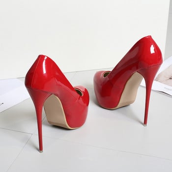 Големи размери 35-47 Червени лачени сватбени обувки 2023 Дамски обувки с кръгли пръсти Супер високи токчета 16 см Помпи Секси парти обувки на платформа Дамски
