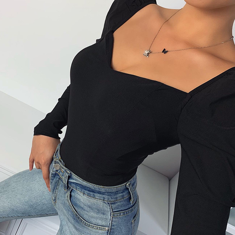 GREMISS Elegantné dámske jesenné košele s hranatým golierom, jednofarebné, slim blúzky s nafúknutými rukávmi, topy, sexy košeľa s dlhým rukávom a výstrihom do V