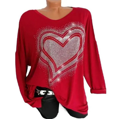 Jesenska i zimska modna ženska majica kratkih rukava s printom ljubavnog srca, dugih rukava i okruglog izreza, ležerna široka ženska dnevna majica, majica velikih veličina