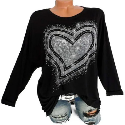 Jesenska i zimska modna ženska majica kratkih rukava s printom ljubavnog srca, dugih rukava i okruglog izreza, ležerna široka ženska dnevna majica, majica velikih veličina