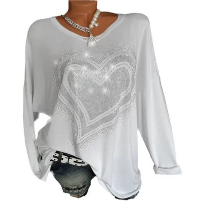 Jesenska i zimska modna ženska majica kratkih rukava s printom ljubavnog srca, dugih rukava i okruglog izreza, ležerna široka ženska dnevna majica, majica velikih veličina