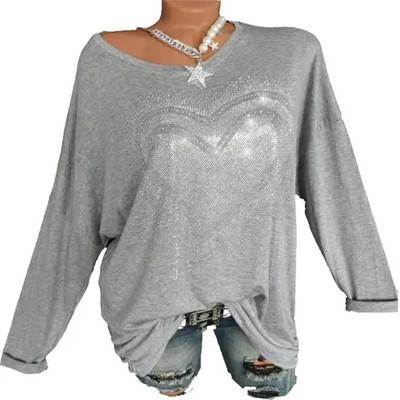 Jesenska i zimska modna ženska majica kratkih rukava s printom ljubavnog srca, dugih rukava i okruglog izreza, ležerna široka ženska dnevna majica, majica velikih veličina