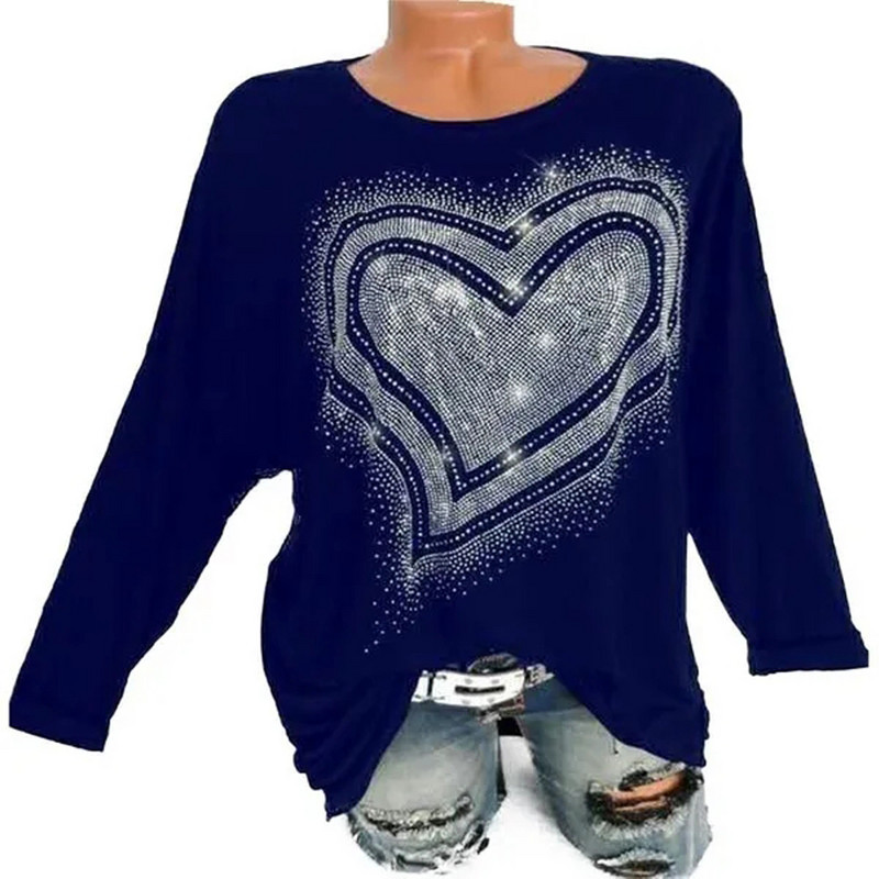 Jesenska i zimska modna ženska majica kratkih rukava s printom ljubavnog srca, dugih rukava i okruglog izreza, ležerna široka ženska dnevna majica, majica velikih veličina