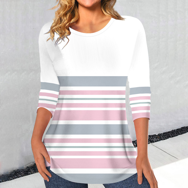 Prugasti ženski džemper Jednostavna ženska majica dugih rukava Ležerna vintage odjeća Jesenski pulover Majica kratkih rukava za dame Streetwear