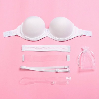 Dámska push-up podprsenka Vgplay, biela, vyztužená, bez ramienok, spodná bielizeň s chrbtom, priehľadný ramienok, ohlávka, braletka s veľkým košíčkom ABCDE