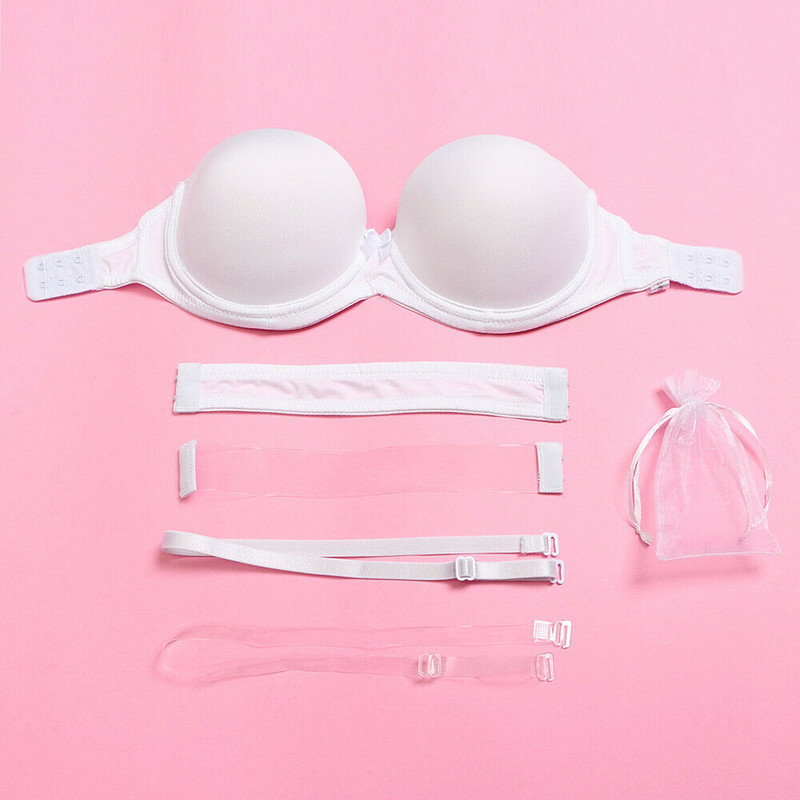 Dámska push-up podprsenka Vgplay, biela, vyztužená, bez ramienok, spodná bielizeň s chrbtom, priehľadný ramienok, ohlávka, braletka s veľkým košíčkom ABCDE