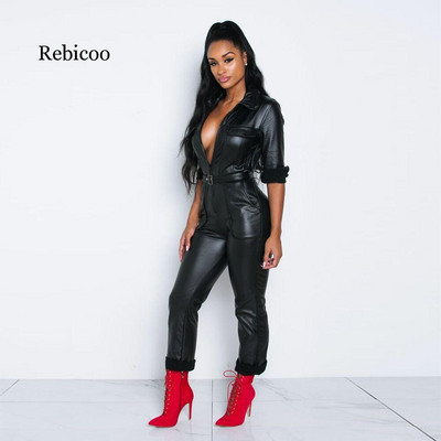 Ženski kombinezon od umjetne kože s otvorenim ovratnikom, dugih rukava, crni kombinezon od pu kože, kombinezon uz džep i patentni zatvarač, kombinezon za zabave