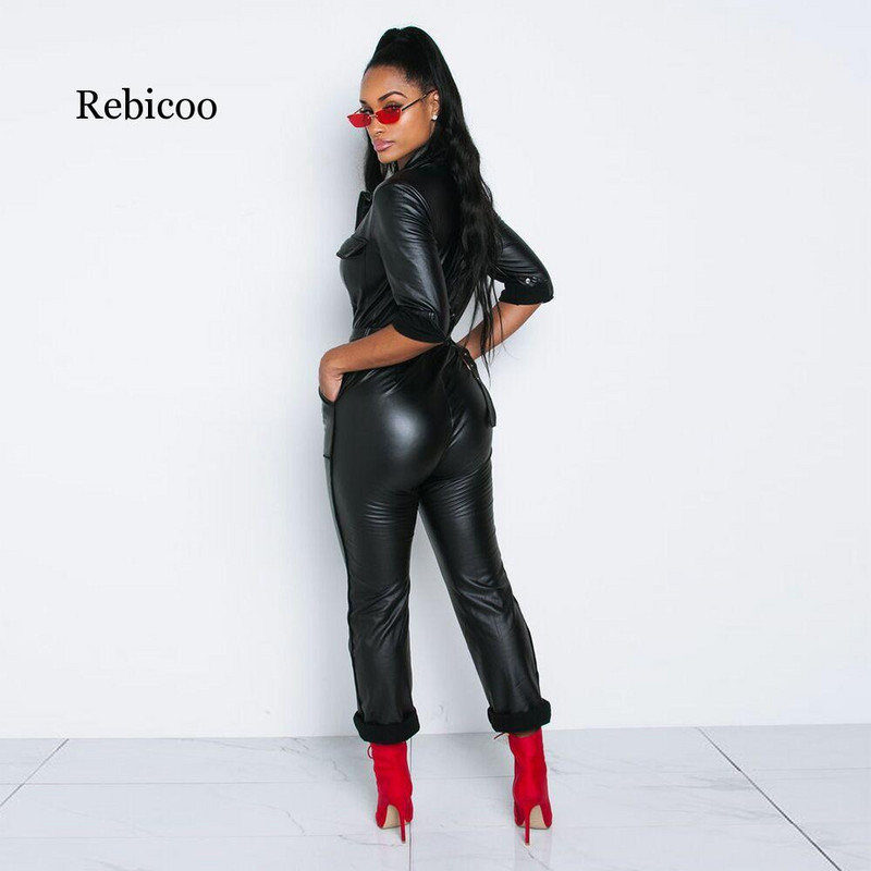 Ženski kombinezon od umjetne kože s otvorenim ovratnikom, dugih rukava, crni kombinezon od pu kože, kombinezon uz džep i patentni zatvarač, kombinezon za zabave