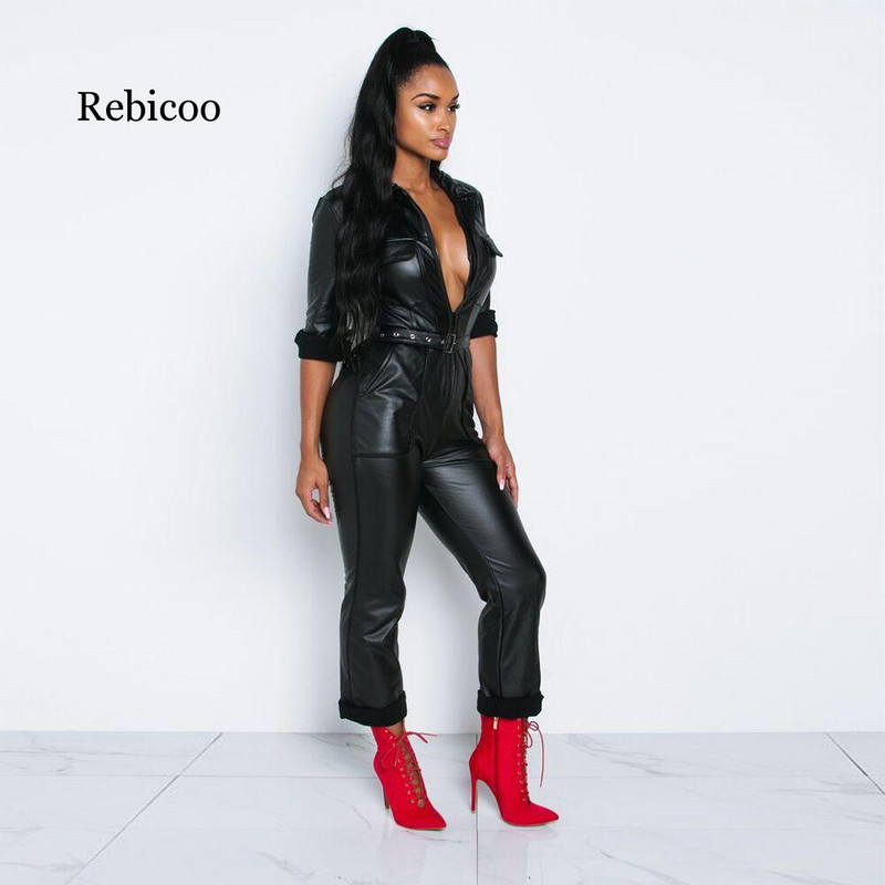Ženski kombinezon od umjetne kože s otvorenim ovratnikom, dugih rukava, crni kombinezon od pu kože, kombinezon uz džep i patentni zatvarač, kombinezon za zabave