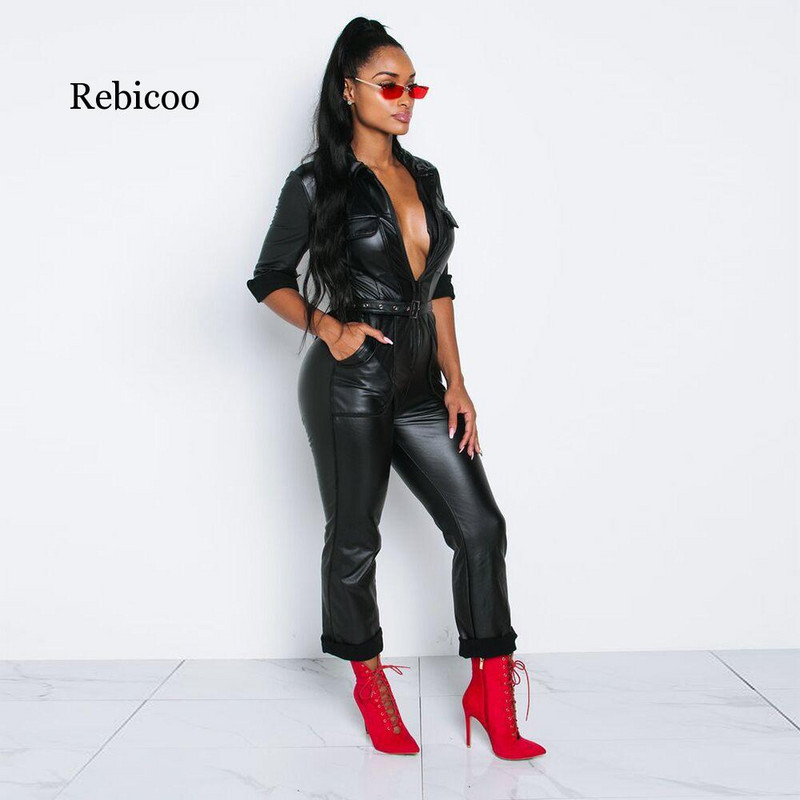 Ženski kombinezon od umjetne kože s otvorenim ovratnikom, dugih rukava, crni kombinezon od pu kože, kombinezon uz džep i patentni zatvarač, kombinezon za zabave