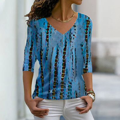 Lahtine T-särk Sügisene Retro Pullover 3D Prindiga Pikkade Varrukatega Igapäevane Suuremõõtmeline T-särk Õhukesed riided Talvised Naiste Seksikas V-kaelusega top