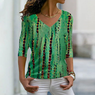 Lahtine T-särk Sügisene Retro Pullover 3D Prindiga Pikkade Varrukatega Igapäevane Suuremõõtmeline T-särk Õhukesed riided Talvised Naiste Seksikas V-kaelusega top