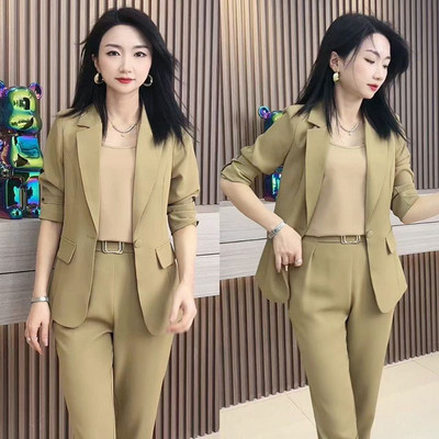 Koreai stílusú karcsú kabát blézer alkalmi ceruzanadrág kétrészes szett Elegáns női nadrág szett irodai nyári ruhák