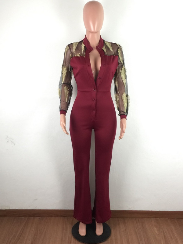 OKAYOASIS Sexy dámsky overal s dlhým rukávom, priliehavý sieťovaný párty overal, jeseň, široké nohavice, rovný ležérny overal