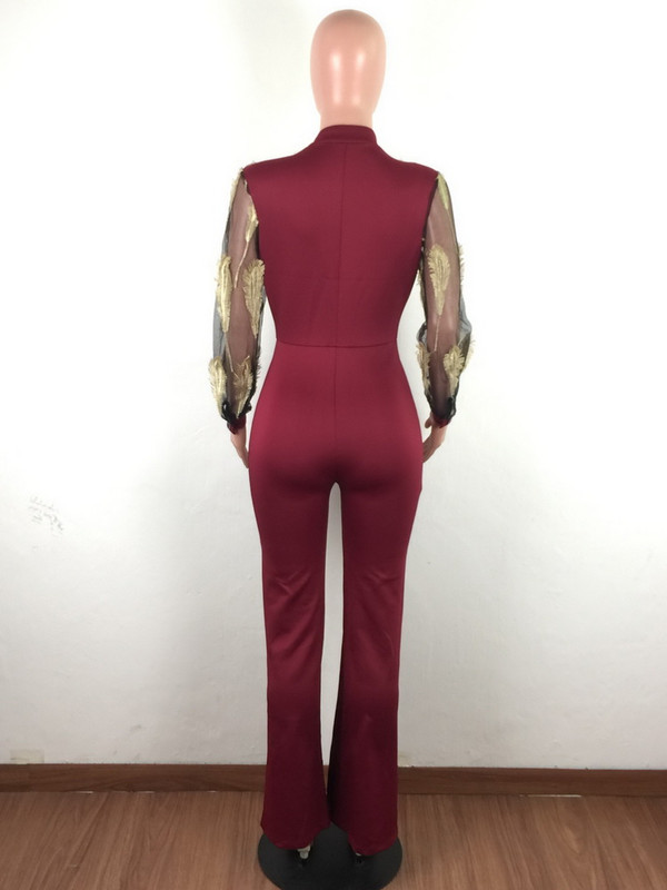 OKAYOASIS Sexy dámsky overal s dlhým rukávom, priliehavý sieťovaný párty overal, jeseň, široké nohavice, rovný ležérny overal