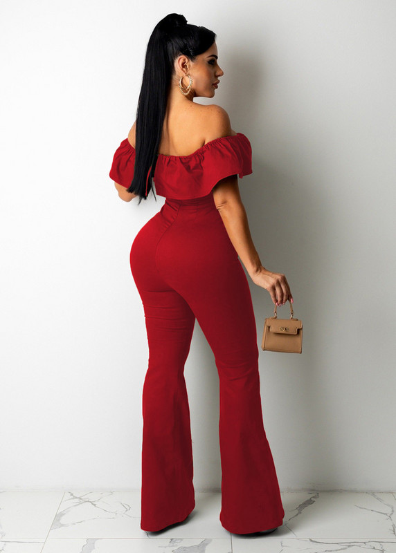 Ležerni kombinezon širokih nogavica s volanima Seksi ženski kombinezon s kosim izrezom, elegantni jednobojni kombinezon na zvono