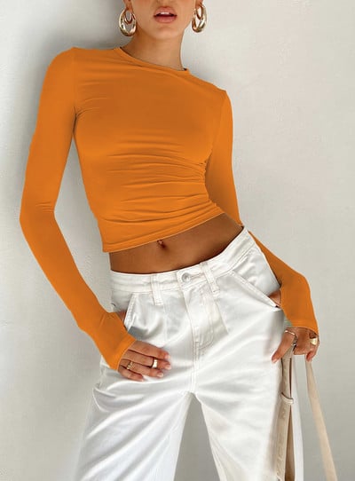 Dámske módne tričko s dlhým rukávom, okrúhlym výstrihom, pevným úzkym strihom a otvormi na palce, na denné nosenie v lete