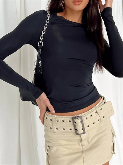 Naiste kevadine T-särk Slim Fit pulloverid Tänavarõivad Solid Rose Basic O kaelusega pikkade varrukatega T-särgid Y2k Crop Tops Vintage naiste T-särgid