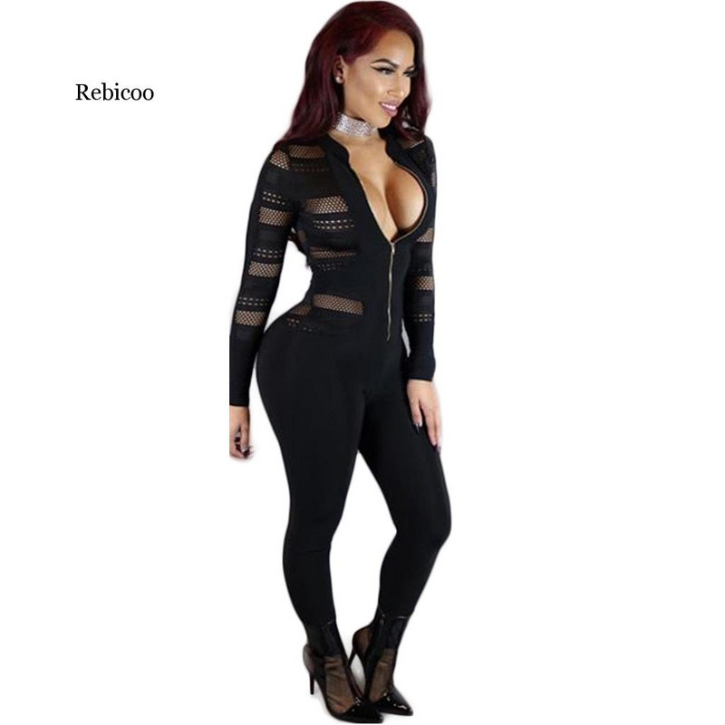 Jesenski ženski crni prugasti kombinezon dugih rukava s V-izrezom i patentnim zatvaračem uz rub seksi uske ženske kombinezon s dugim hlačama
