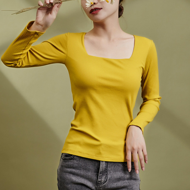 Dámske tričká s vystuženým elastickým topom, štvorcový výstrih, dlhý rukáv, trendy, sexy, ležérne, kórejské letné SA1087