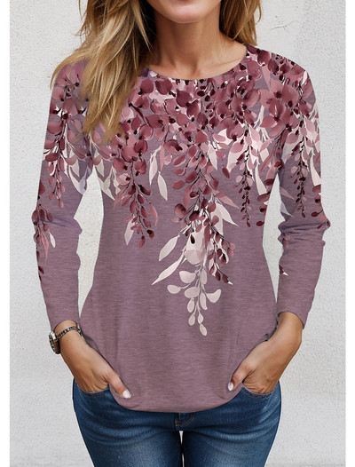 2023 Tricou de damă Tricou cu imprimeu floral Mânecă lungă Hanorac de bază Moda Gât rotund Cultură obișnuită Pictură florală Primăvară și toamnă