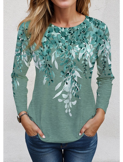 2023 Tricou de damă Tricou cu imprimeu floral Mânecă lungă Hanorac de bază Moda Gât rotund Cultură obișnuită Pictură florală Primăvară și toamnă