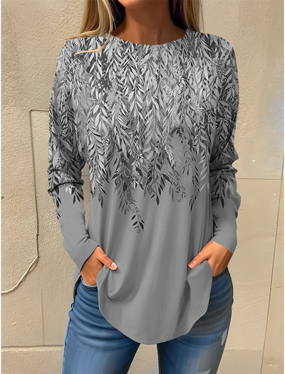 2023 Tricou de damă Tricou cu imprimeu floral Mânecă lungă Hanorac de bază Moda Gât rotund Cultură obișnuită Pictură florală Primăvară și toamnă