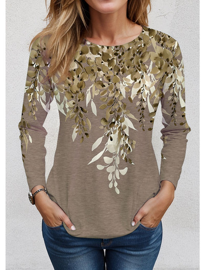 2023 Tricou de damă Tricou cu imprimeu floral Mânecă lungă Hanorac de bază Moda Gât rotund Cultură obișnuită Pictură florală Primăvară și toamnă