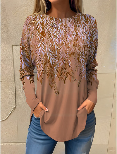 2023 Tricou de damă Tricou cu imprimeu floral Mânecă lungă Hanorac de bază Moda Gât rotund Cultură obișnuită Pictură florală Primăvară și toamnă