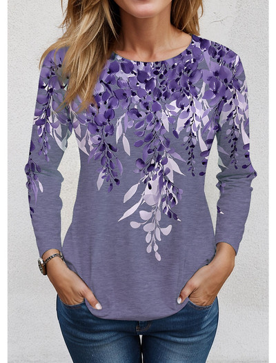 2023 Tricou de damă Tricou cu imprimeu floral Mânecă lungă Hanorac de bază Moda Gât rotund Cultură obișnuită Pictură florală Primăvară și toamnă
