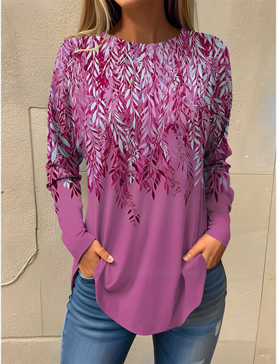 2023 Tricou de damă Tricou cu imprimeu floral Mânecă lungă Hanorac de bază Moda Gât rotund Cultură obișnuită Pictură florală Primăvară și toamnă