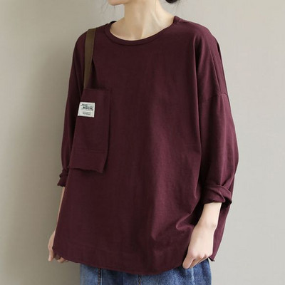 Yasuk Letné pevné ležérne dámske voľné tričká bavlnený top dámska blúzka s dlhým rukávom sveter s krátkym rukávom všestranná potlač vrecka