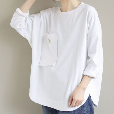 Yasuk Letné pevné ležérne dámske voľné tričká bavlnený top dámska blúzka s dlhým rukávom sveter s krátkym rukávom všestranná potlač vrecka