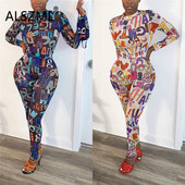 Novopristigli ženski kombinezon s printom slova, jesenski seksi kombinezon s punim rukavima za ženske klupske kombinezone