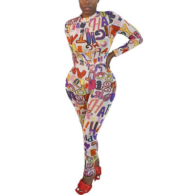 Novopristigli ženski kombinezon s printom slova, jesenski seksi kombinezon s punim rukavima za ženske klupske kombinezone