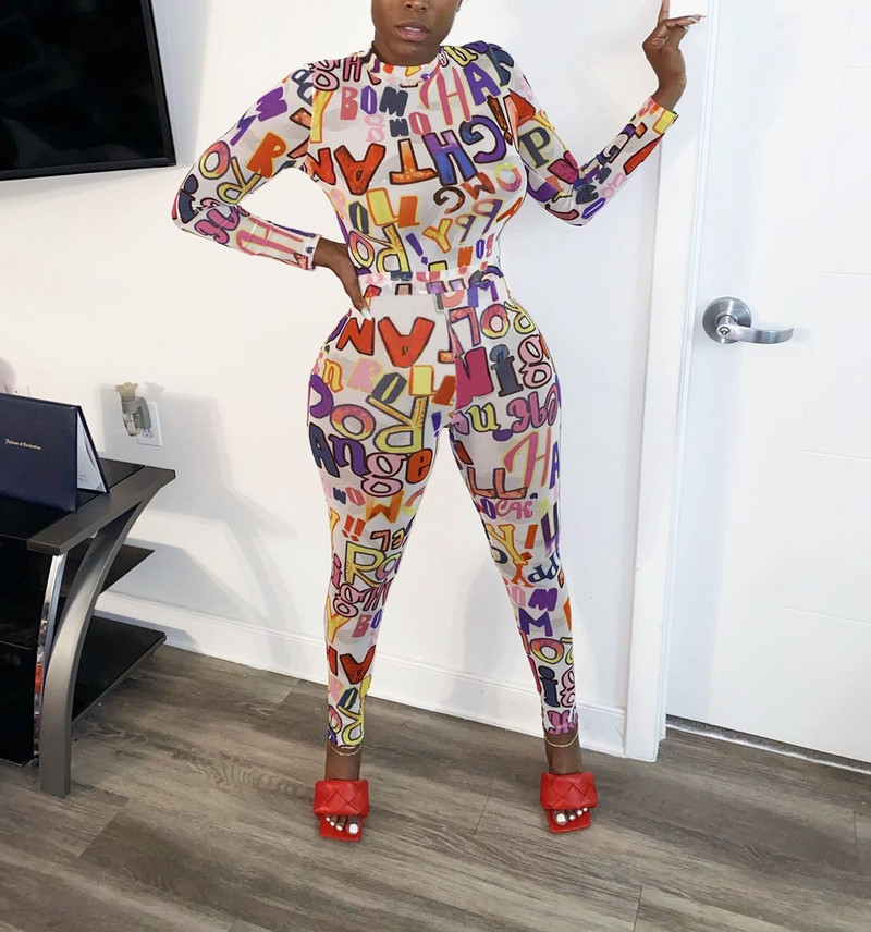 Novopristigli ženski kombinezon s printom slova, jesenski seksi kombinezon s punim rukavima za ženske klupske kombinezone