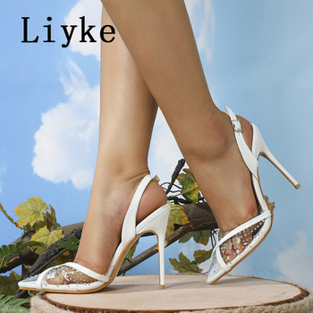 Liyke Размер 35-42 Секси фетиш високи токчета с остри пръсти Дамски сандали с кристални кристали PVC прозрачни дамски помпи Обувки Stiletto