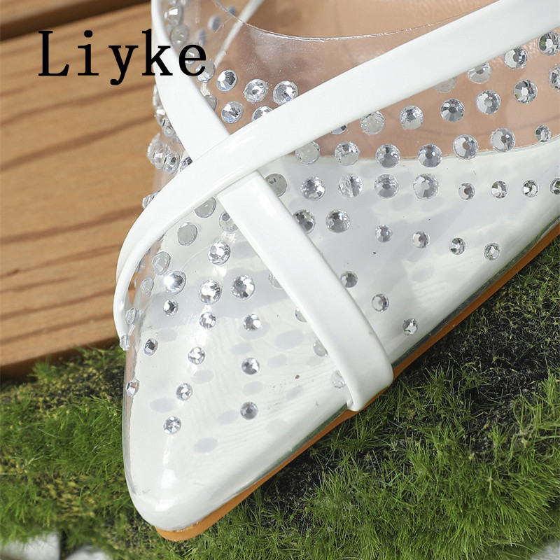 Liyke Veľkosť 35-42 Sexy špicaté špičky Fetiš vysoké podpätky Dámske sandále s krištáľovými kamienkami z PVC priehľadné dámske lodičky na jehlovom podpätku