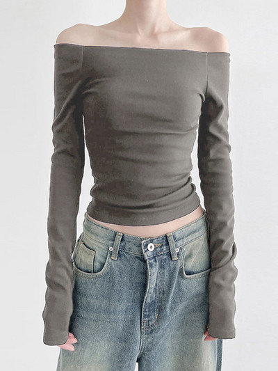 Crne, jednobojne, elegantne majice s dugim rukavima, korejska modna uska seksi skraćena majica kratkih rukava, ženska jesenska odjeća