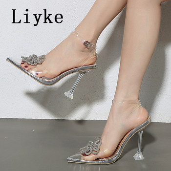 Liyke Странен стил Прозрачни високи токчета Дамски кристални цветя PVC обувки с остри пръсти Сватбени партита Дамски помпи Летни сандали