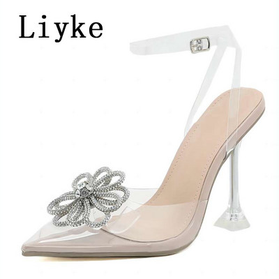 Liyke Strange Style Transparente Tocuri înalte Doamnelor Cristal Flori PVC Cu vârf ascuțit Pantofi de nuntă Pantofi pentru femei Pompe Sandale de vară